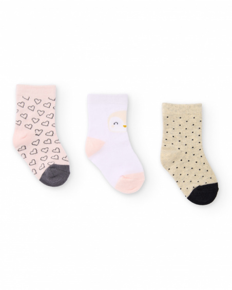 Lot de trois paires de chaussettes pour bébé fille en beige, blanc et rose avec motifs variés