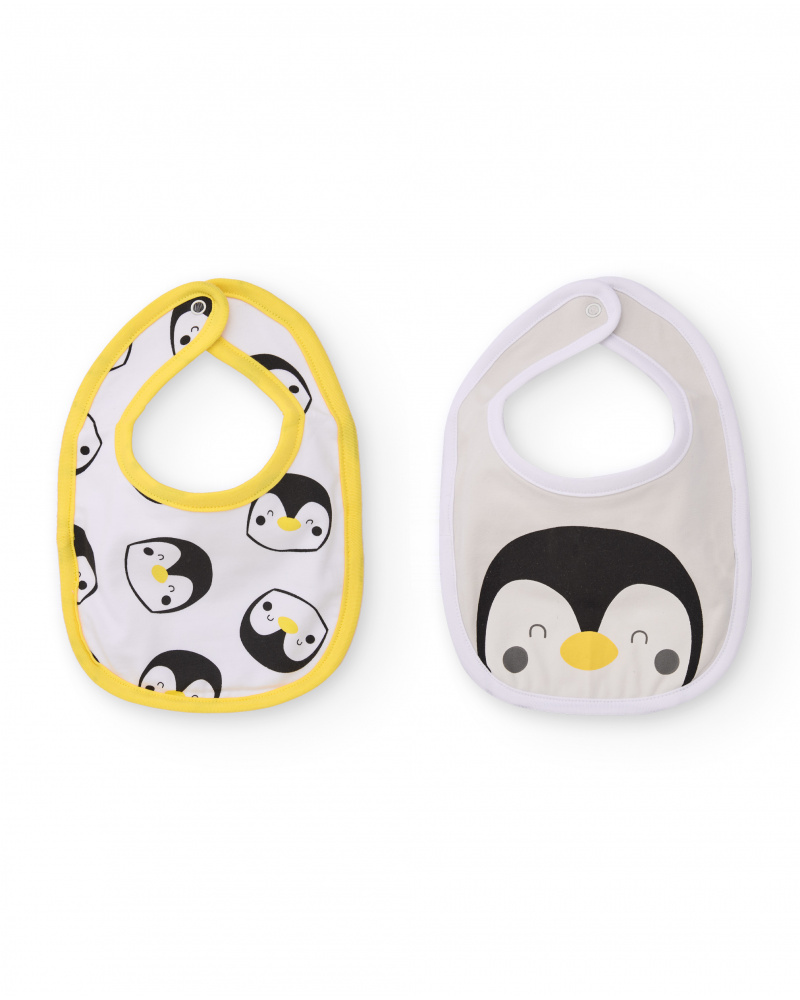 Lot de deux bavoirs pour nouveau-né avec imprimé pingouins dans les tons blanc et jaune.