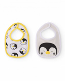 Lot de deux bavoirs pour nouveau-né avec imprimé pingouins dans les tons blanc et jaune.