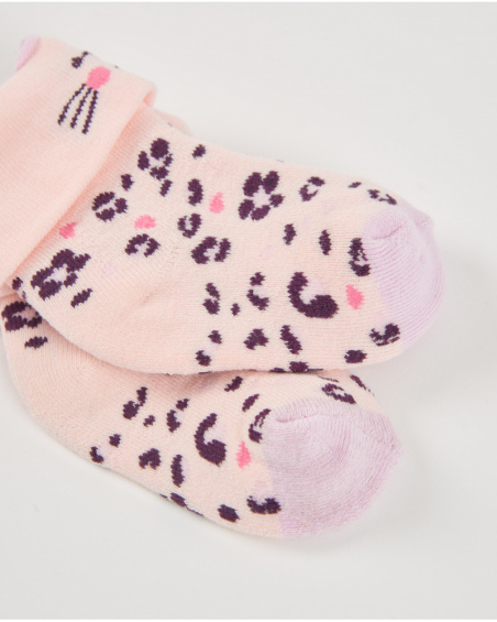 Chaussettes en tricot pour bébé fille couleur rose avec motif de visage et imprimé animalier