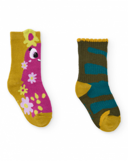 Lot de chaussettes pour fille avec imprimés de monstre fleuri et détails en tons vibrants.
