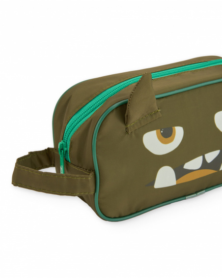 Trousse pour garçon verte avec visage de monstre et détails en 3D