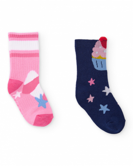 Lot de deux paires de chaussettes pour fille en bleu marine et rose avec motifs d’étoiles et de
