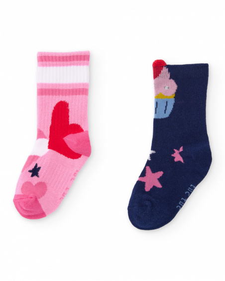 Lot de deux paires de chaussettes pour fille en bleu marine et rose avec motifs d’étoiles et de