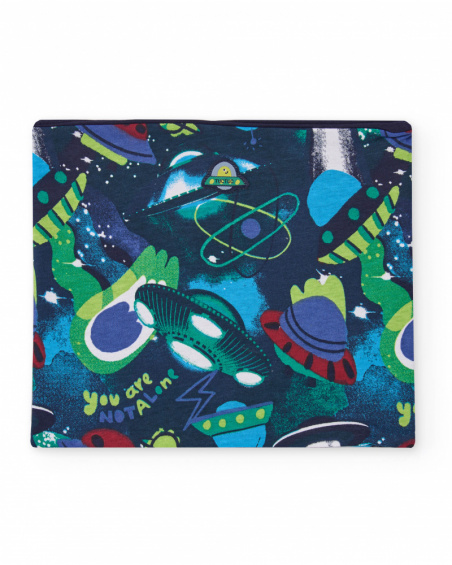 Braga de cuello azul para niño con estampado de naves espaciales y planetas.