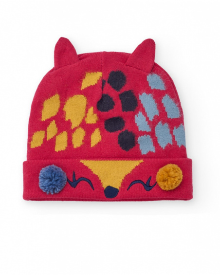 Bonnet pour fille en rouge avec oreilles et imprimé multicolore