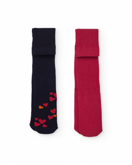 Lot de collants pour fille en rouge et bleu marine avec cœurs