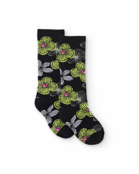 Chaussettes pour fille noires avec grandes fleurs vertes et blanches