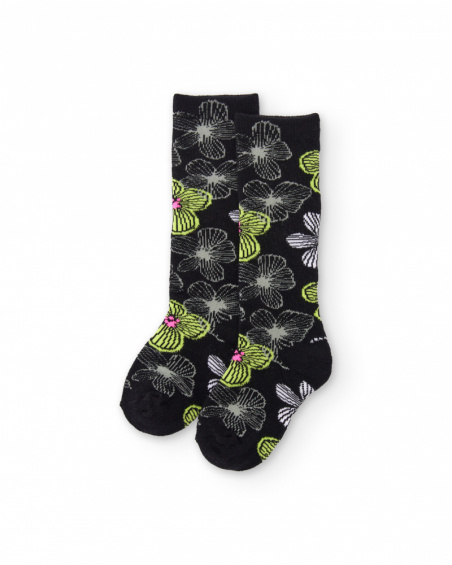 Chaussettes pour fille noires avec grandes fleurs vertes et blanches