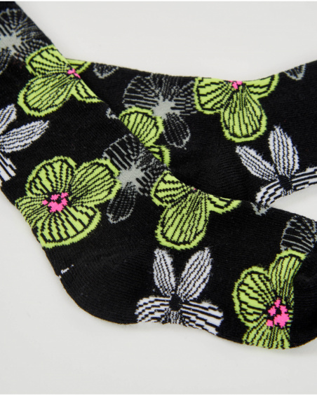 Chaussettes pour fille noires avec grandes fleurs vertes et blanches