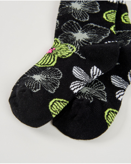 Chaussettes pour fille noires avec grandes fleurs vertes et blanches