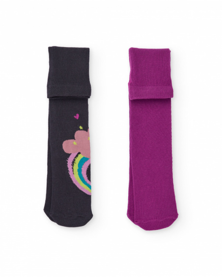 Lot de deux collants pour fille en fuchsia et noir avec motif arc-en-ciel