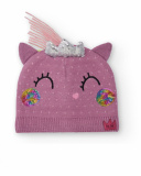 Bonnet en maille pour fille de couleur mauve avec motif licorne.