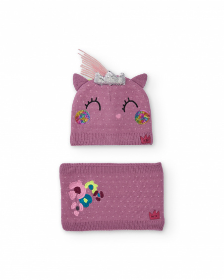 Lot de bonnet et tour de cou en maille pour fille de couleur mauve avec motif licorne.