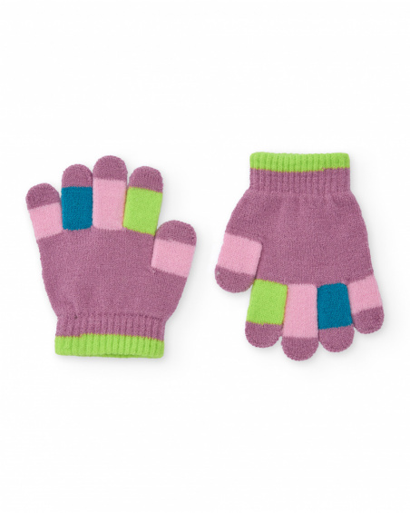 Gants en maille pour fille de couleur mauve avec doigts multicolores.