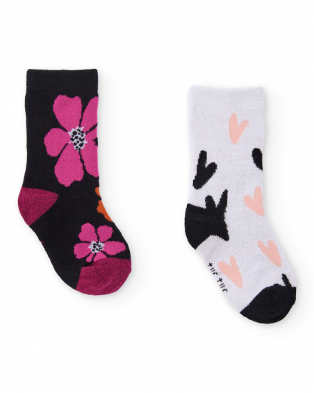 Lot de chaussettes fille blanches et noires à fleurs et cœurs