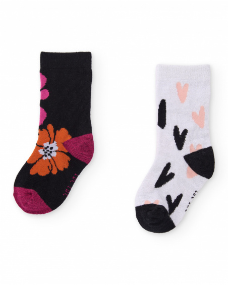 Lot de chaussettes fille blanches et noires à fleurs et cœurs