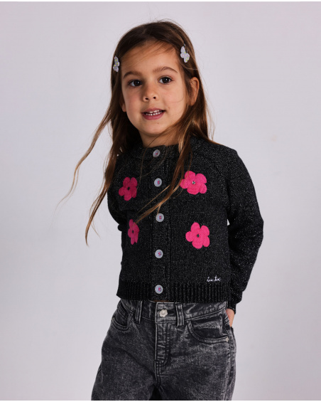 Gilet noir en maille pour fille avec fleurs fuchsia