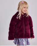 Veste en fourrure pour fille couleur bordeaux avec capuche et doublure fleurie