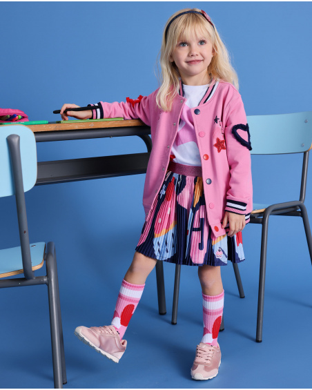 Jupe plissée pour fille avec imprimé multicolore et ceinture élastique brillante.