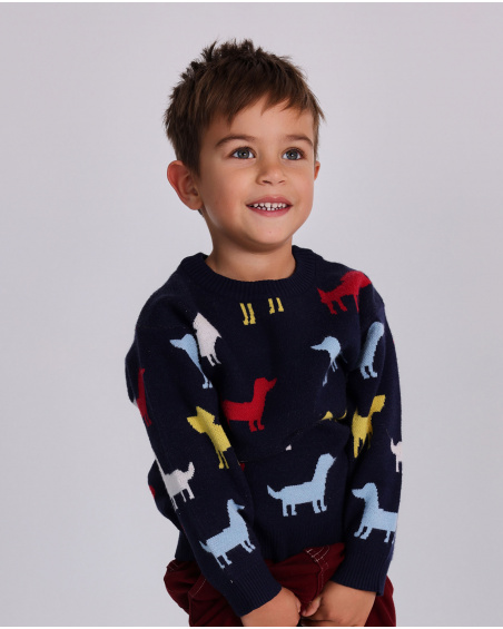 Pull en maille pour garçon bleu marine avec silhouettes colorées de chiens