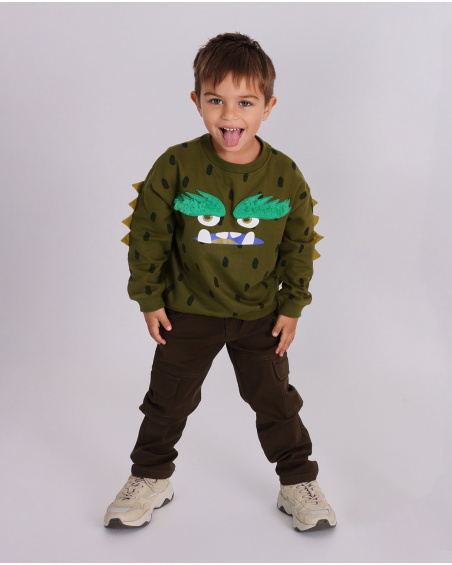 Sweat-shirt pour garçon de couleur verte avec imprimé de monstre et détails en relief.
