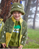 Veste en peluche pour fille en tons vert et jaune avec fermeture éclair frontale.