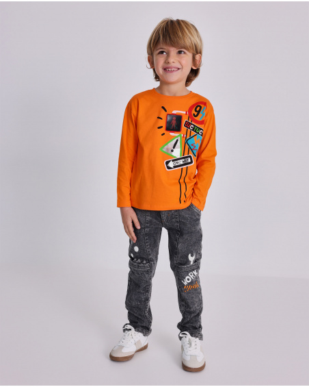 T-shirt à manches longues pour garçon en orange avec imprimé de panneaux de signalisation