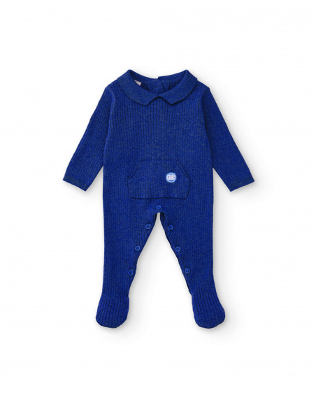 Grenouillère en maille bleue pour garçon avec col classique et poche frontale
