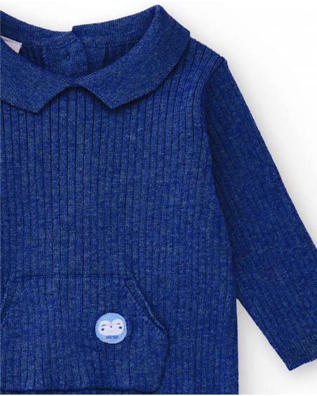 Grenouillère en maille bleue pour garçon avec col classique et poche frontale