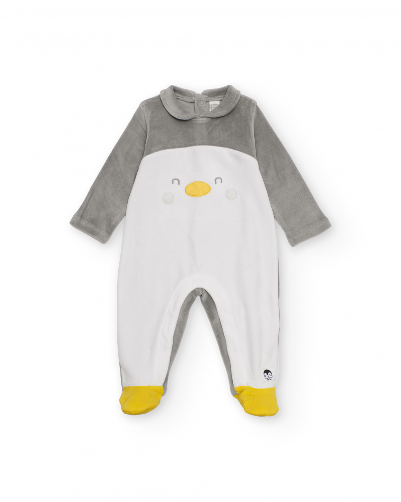 Grenouillère en velours gris pour bébé garçon avec motif pingouin