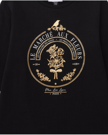 T-shirt noir à manches longues pour fille avec imprimé doré