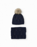 Ensemble bonnet et cache-cou fille en maille bleu marine avec pompon en fourrure