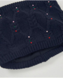 Ensemble bonnet et cache-cou fille en maille bleu marine avec pompon en fourrure