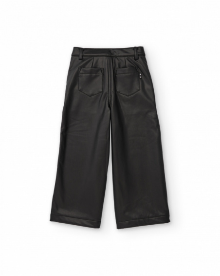 Pantalon fille en simili cuir noir à coupe large