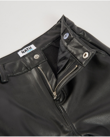 Pantalon fille en simili cuir noir à coupe large