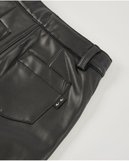 Pantalon fille en simili cuir noir à coupe large