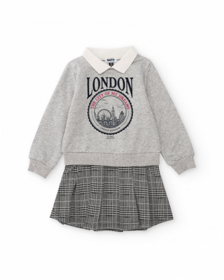 Robe sweat pour fille grise avec col chemise et jupe à carreaux