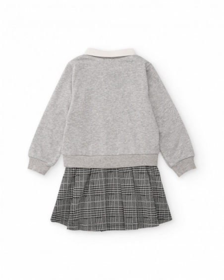 Robe sweat pour fille grise avec col chemise et jupe à carreaux