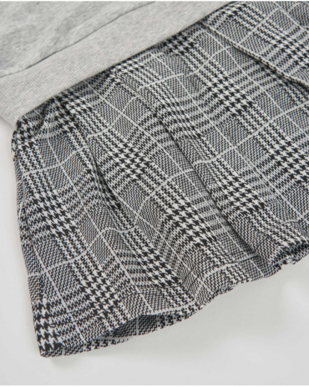 Robe sweat pour fille grise avec col chemise et jupe à carreaux