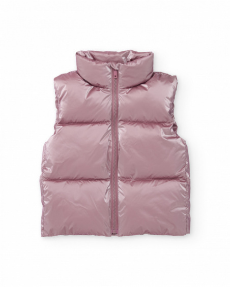 Gilet matelassé fille rose métallisé avec fermeture éclair et col montant