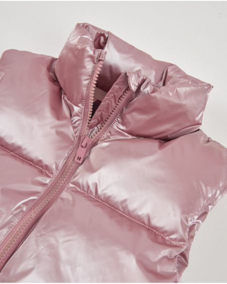 Gilet matelassé fille rose métallisé avec fermeture éclair et col montant