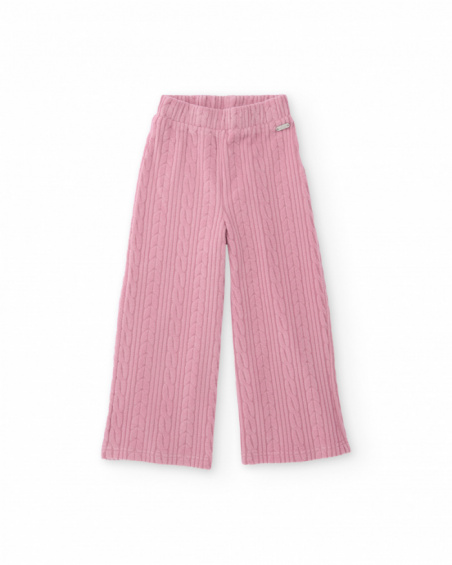 Pantalon long fille en rose avec maille torsadée et taille élastiquée