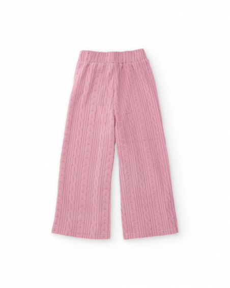 Pantalon long fille en rose avec maille torsadée et taille élastiquée