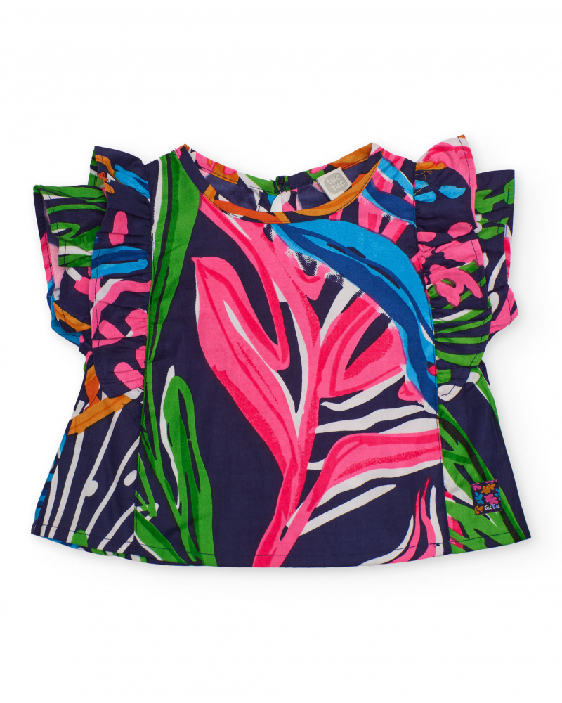 Blouse fille en tissu chaîne et trame avec fermeture au dos