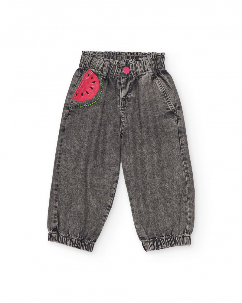 Pantalon fille en tissu chaîne et trame en denim effet délavé