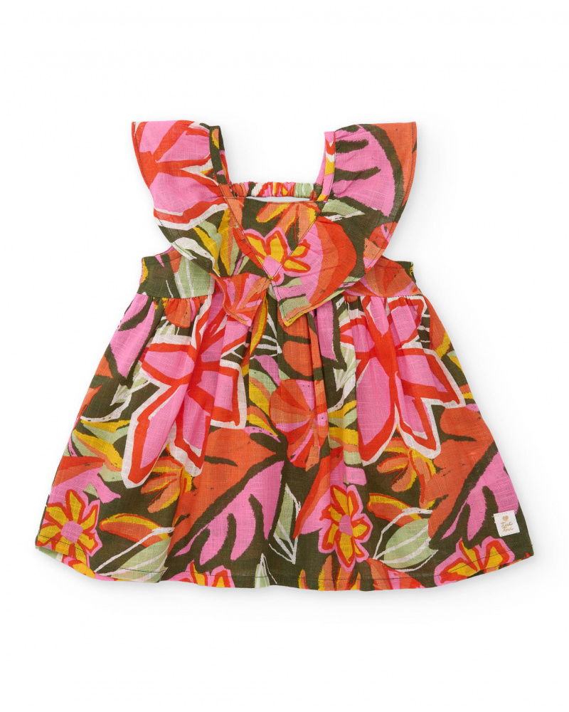 Robe fille en tissu chaîne et trame avec fronces sur le devant