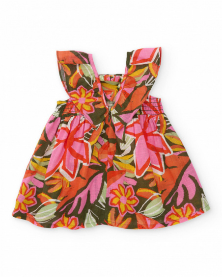 Robe fille en tissu chaîne et trame avec fronces sur le devant