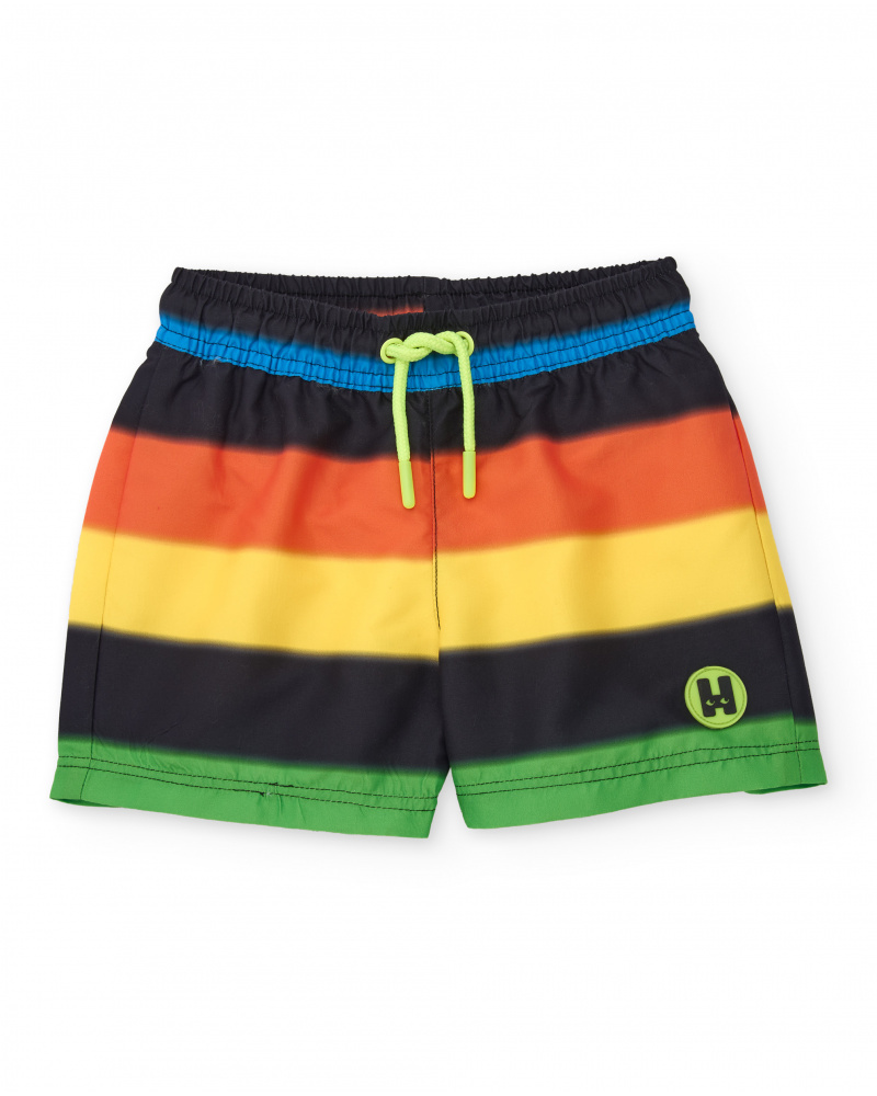 Short de bain garçon en tissu tissé avec rayures multicolores
