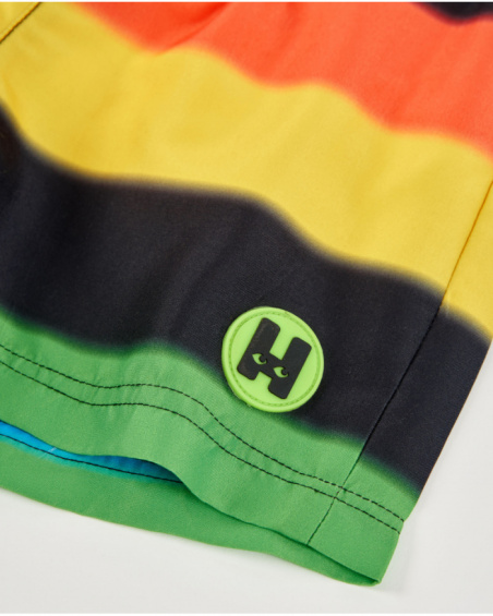 Short de bain garçon en tissu tissé avec rayures multicolores